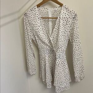 White Long Sleeve Polka Dot Wrap Romper